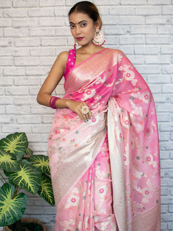 Georgette Banarasi Saree All Over Jaal With Meenakari Shaded Pink - THE WEAVER