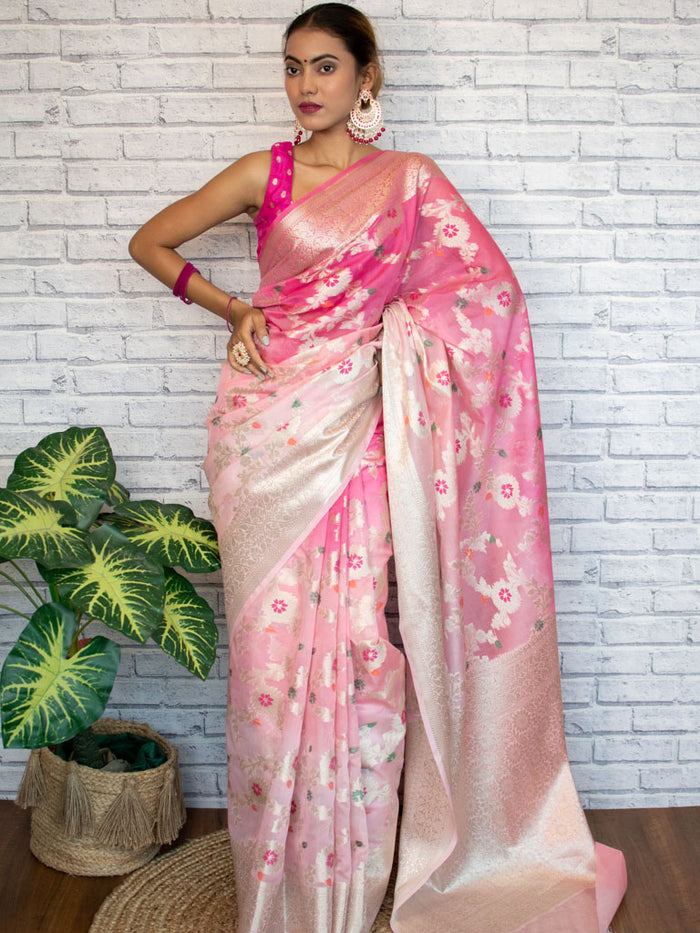 Georgette Banarasi Saree All Over Jaal With Meenakari Shaded Pink - THE WEAVER