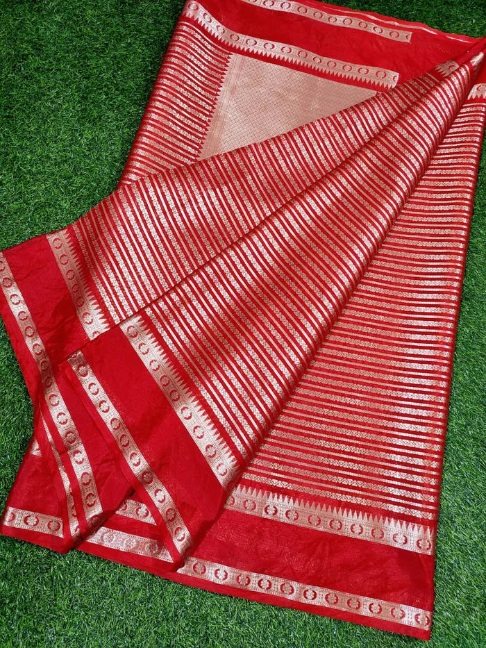 Banarasi Handwoven  Silk Saree With Stripes Design & Solid Border Red - The Weaver Banaras
