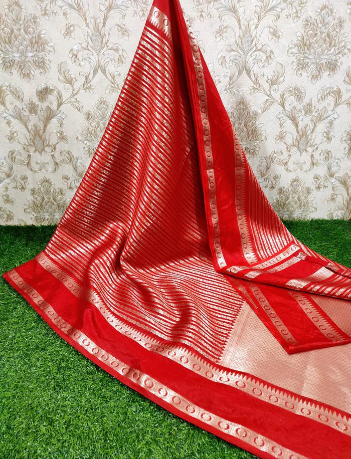 Banarasi Handwoven  Silk Saree With Stripes Design & Solid Border Red - The Weaver Banaras