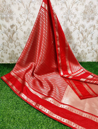 Banarasi Handwoven  Silk Saree With Stripes Design & Solid Border Red - The Weaver Banaras