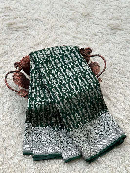 Banarasi Handloom Mashru Silk Saree Zari Border-Green - The Weaver Banaras