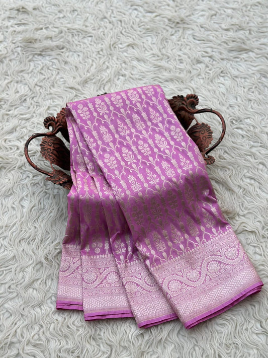 Banarasee Handloom Mashru Silk Saree Zari Border-Pink - The Weaver Banaras
