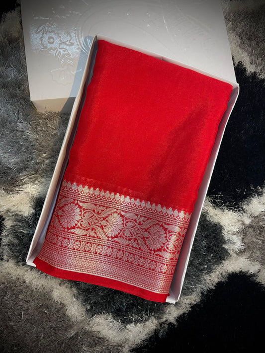 Banarasi Faux Warm Saree With Silver Zari -Red