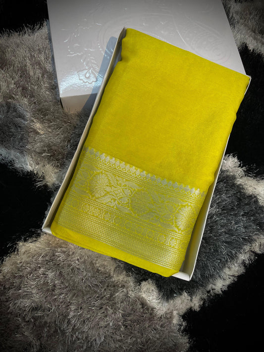 Banarasi Faux Warm Saree With Silver Zari - Yellow