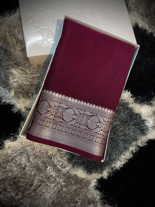 Banarasi Faux Warm Silk Saree With Silver Zari - Wine