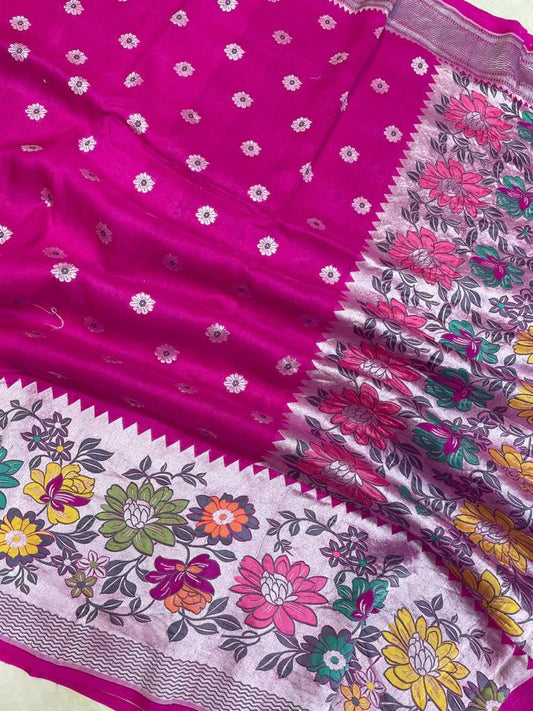 Pink Pure Tussar Georgette Handloom Banarasi Saree with Paithani Skirt Borde