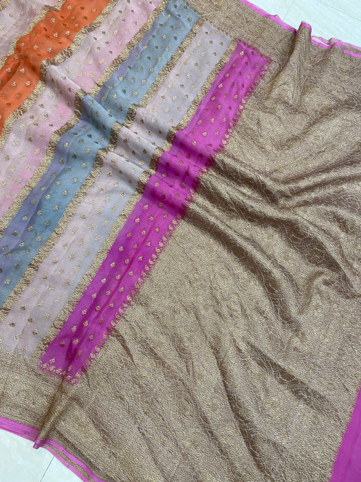 Multi Color Khaddi Georgette Handloom Banarasi Saree Antique Zari
