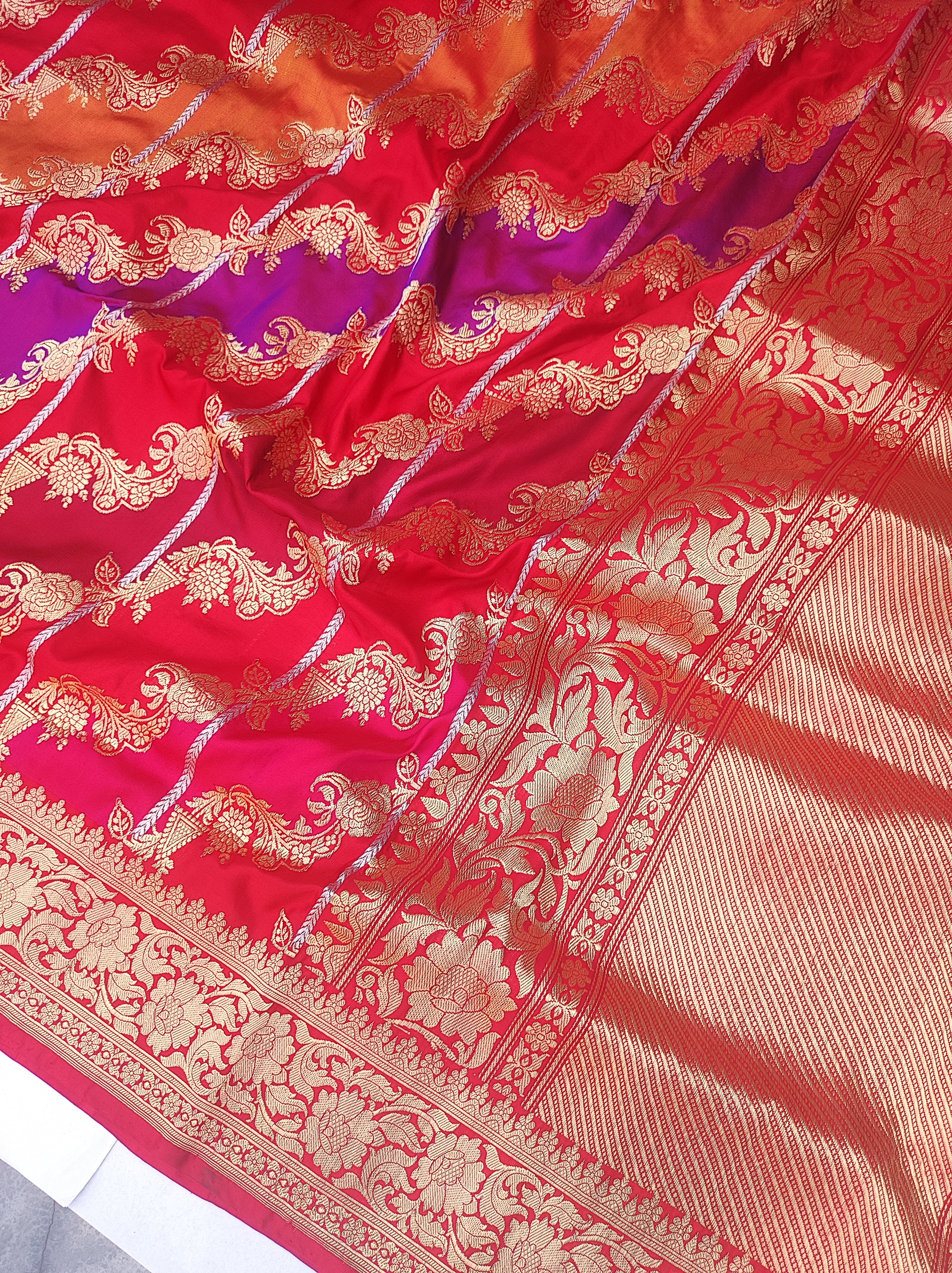 Exquisite Multicolor Banarasi Handloom Rangkat Pure Katan Silk Saree Red - THE WEAVER