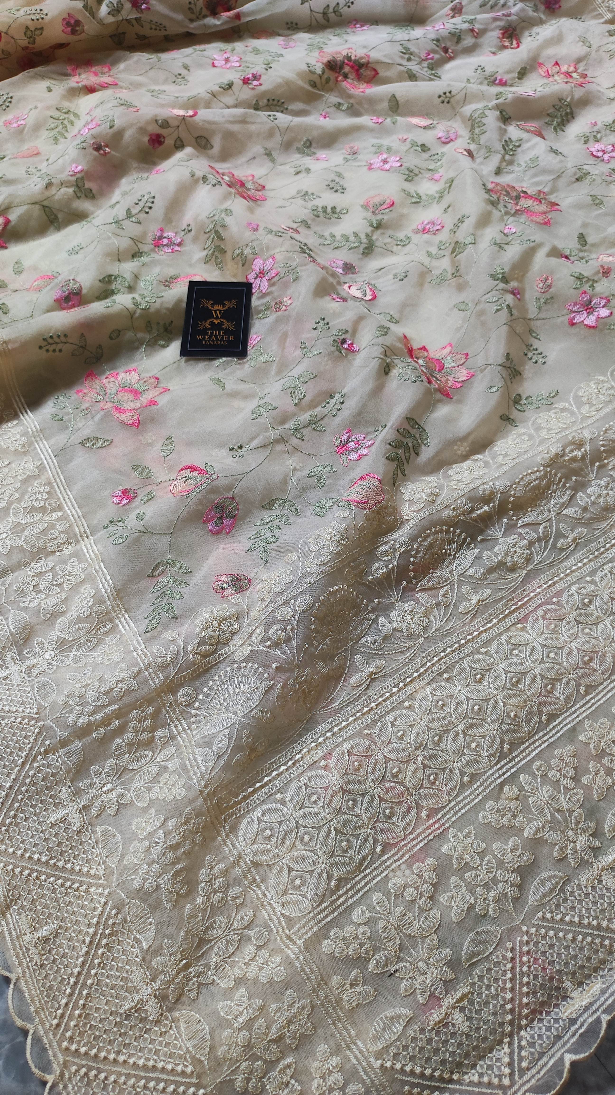 The Weaver's Organza Chikankari Saree - Pastel Beige - THE WEAVER