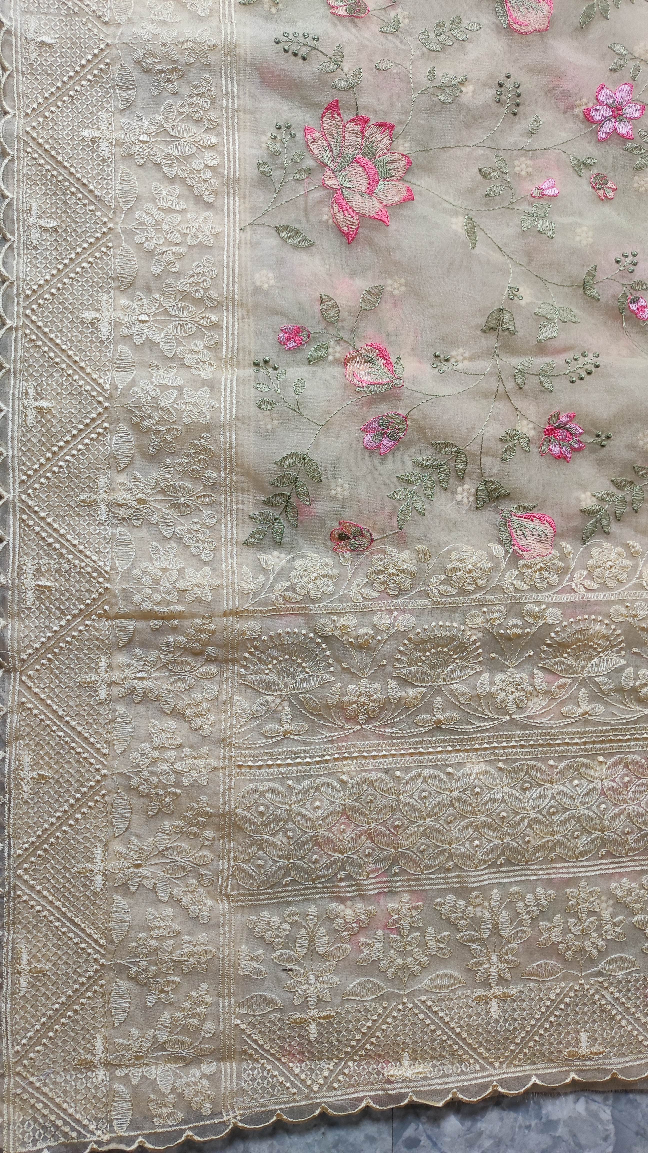 The Weaver's Organza Chikankari Saree - Pastel Beige - THE WEAVER