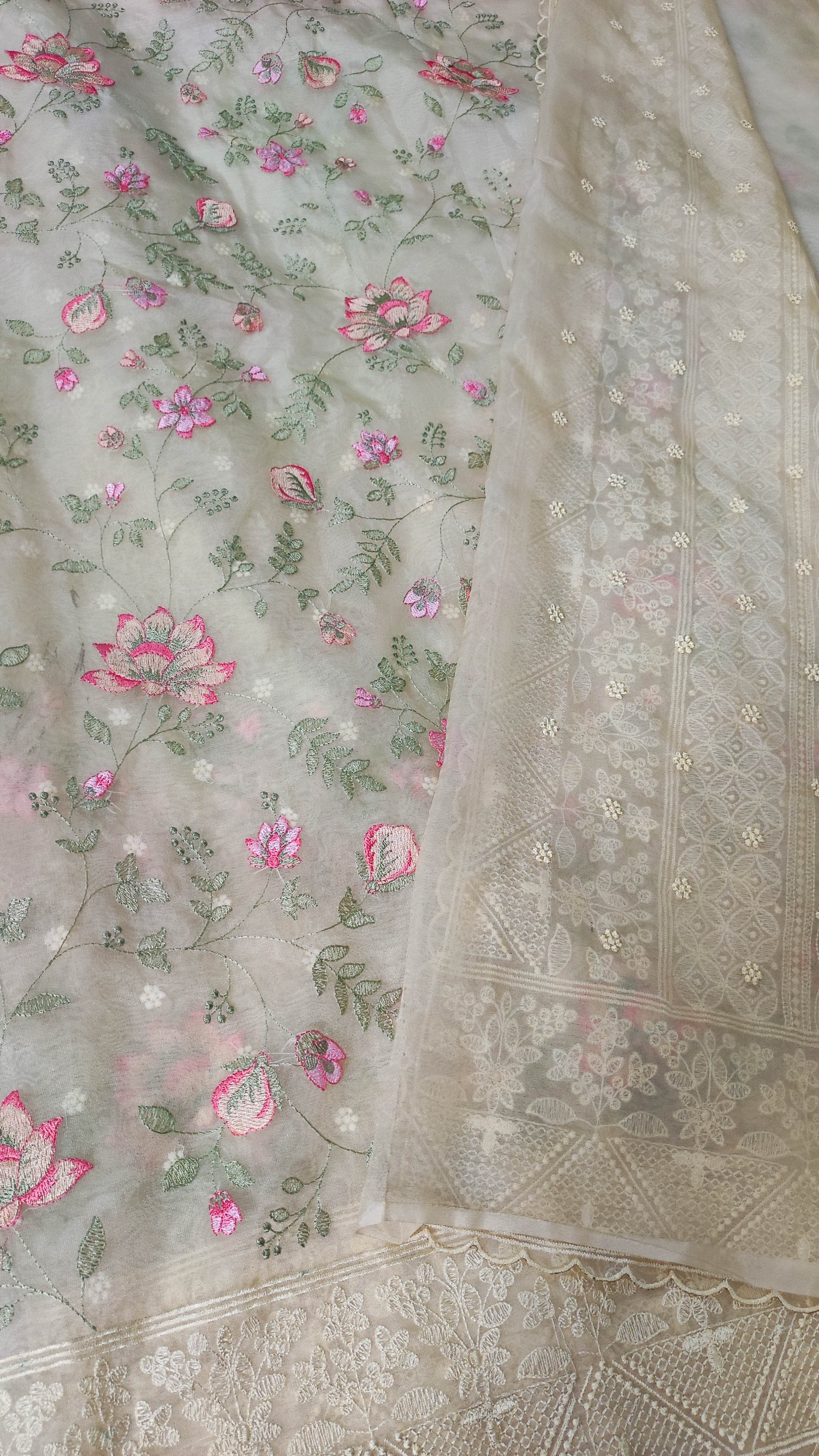 The Weaver's Organza Chikankari Saree - Pastel Beige - THE WEAVER