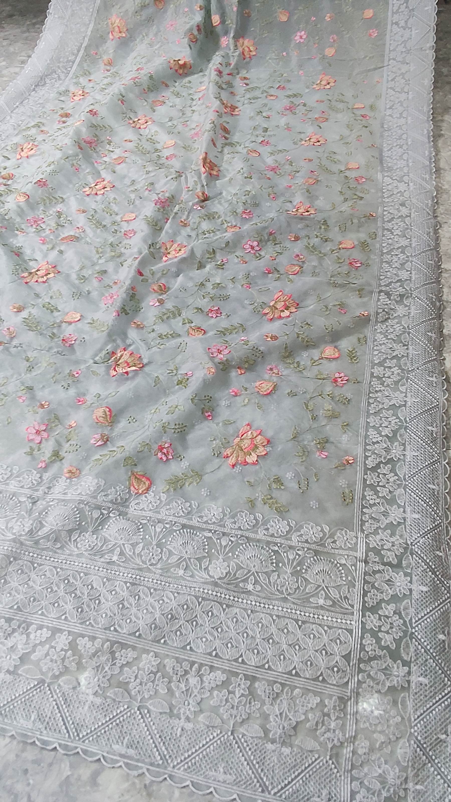 The Weaver's Organza Chikankari Saree - Pastel Grey - THE WEAVER