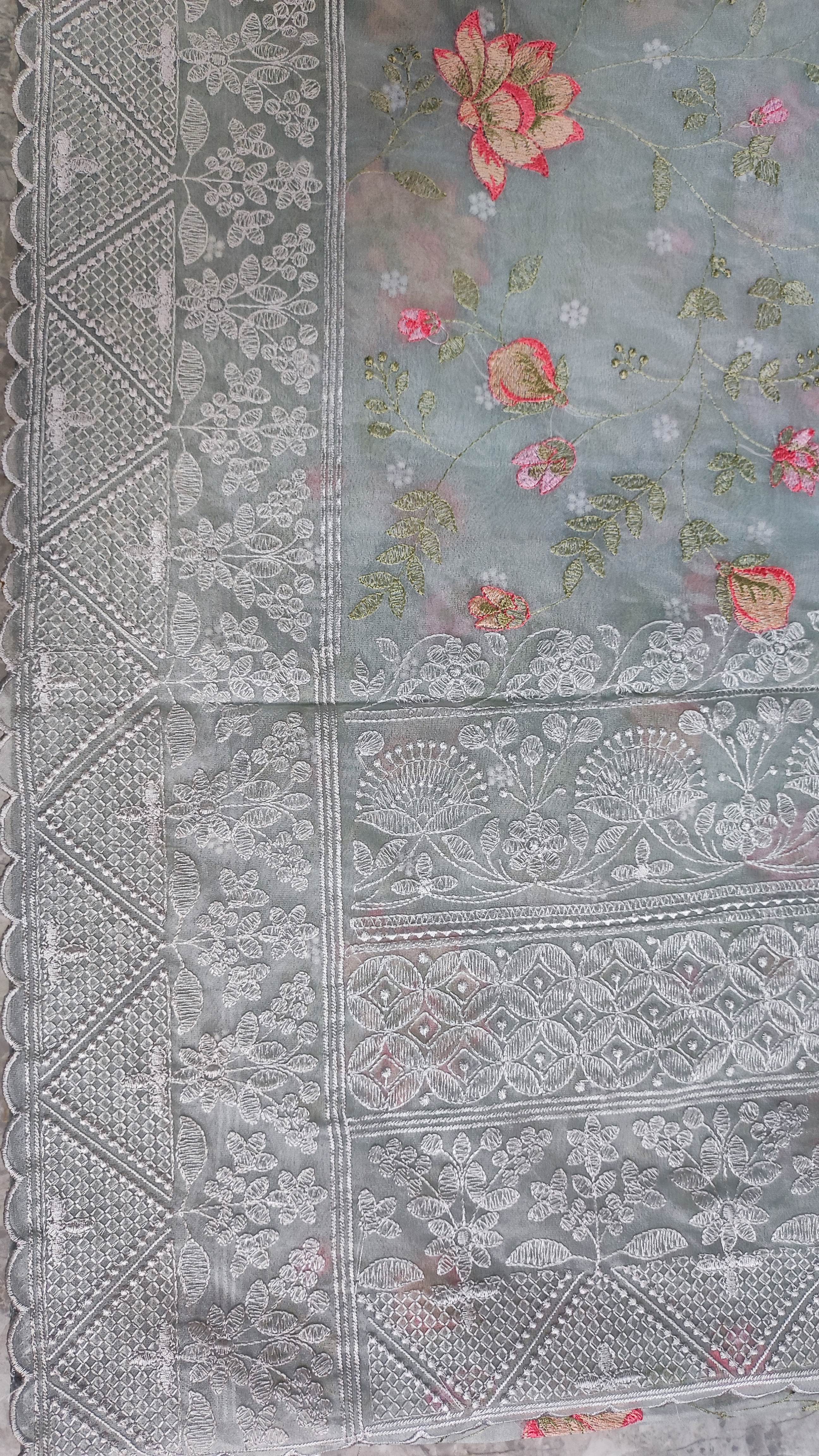 The Weaver's Organza Chikankari Saree - Pastel Grey - THE WEAVER