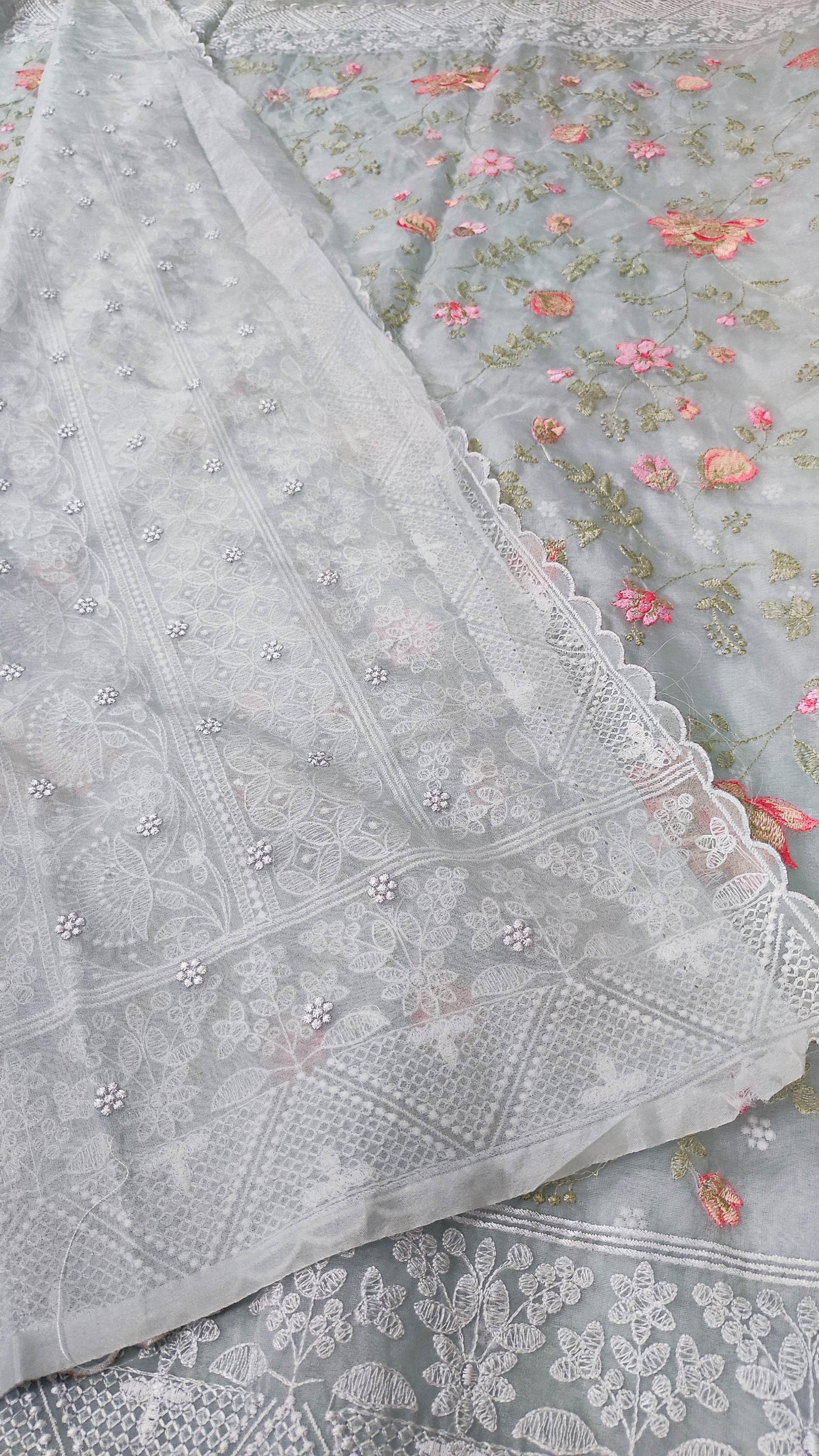 The Weaver's Organza Chikankari Saree - Pastel Grey - THE WEAVER