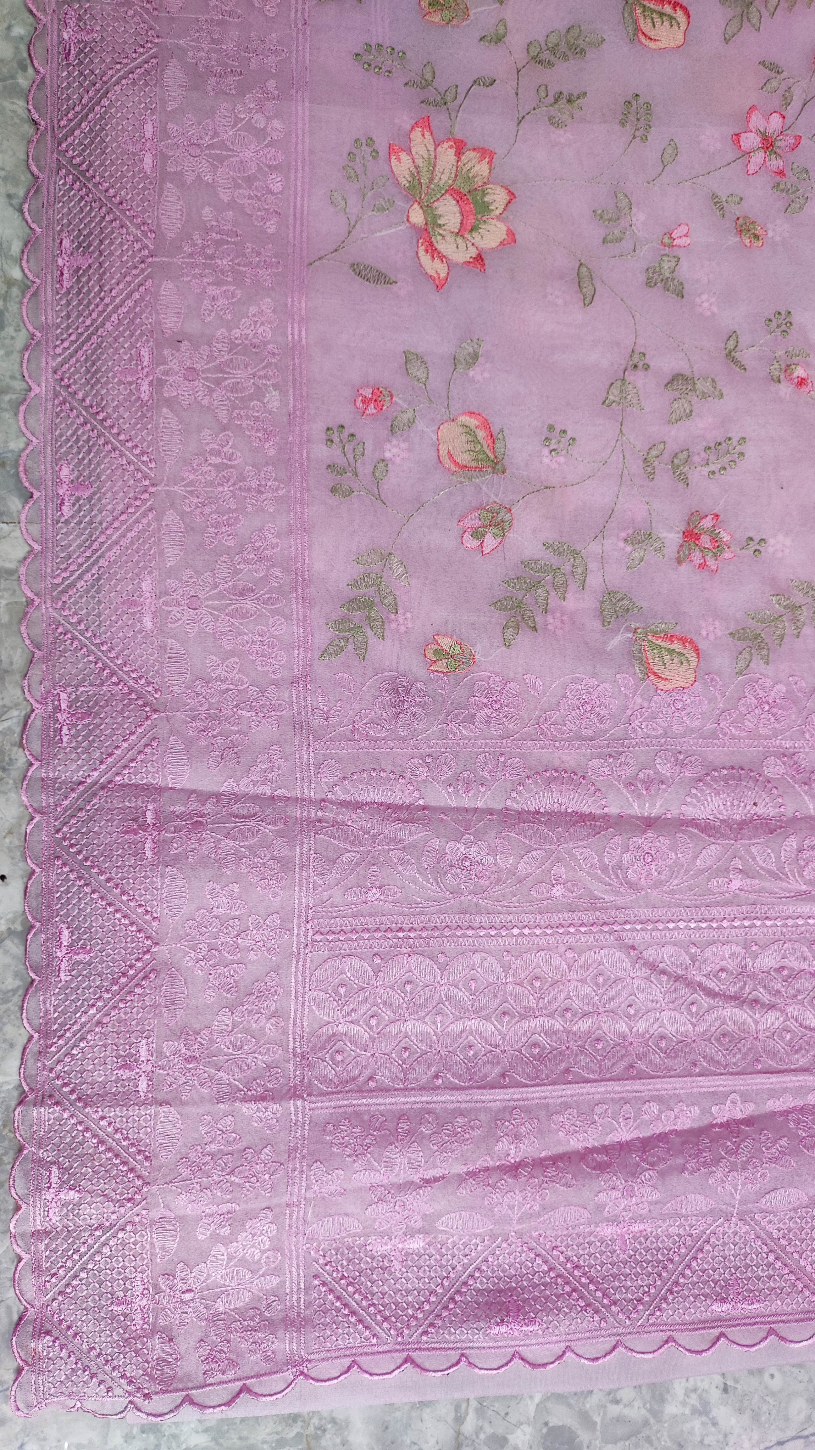 The Weaver's Organza Chikankari Saree - pastel lavender - THE WEAVER