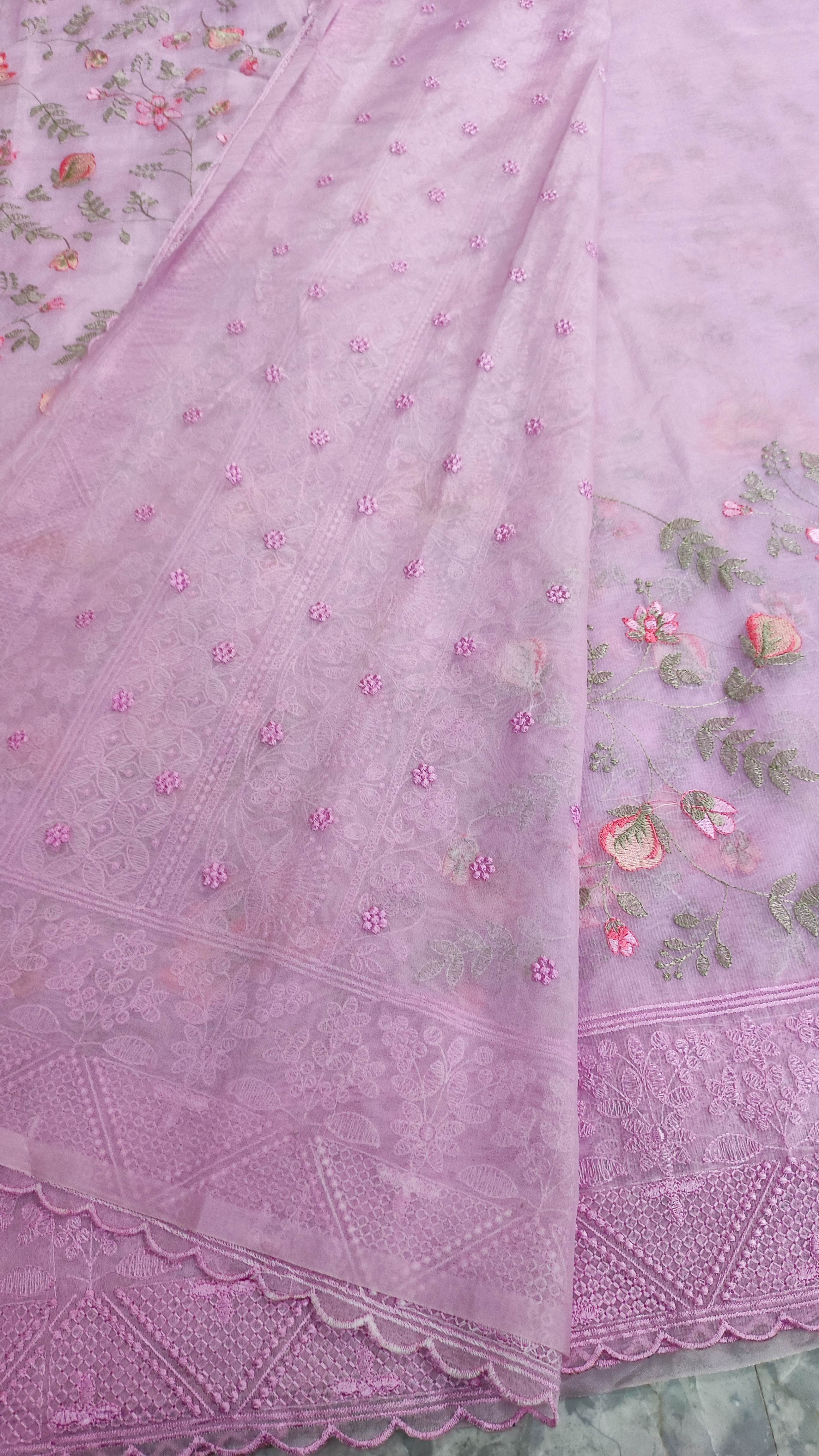 The Weaver's Organza Chikankari Saree - pastel lavender - THE WEAVER