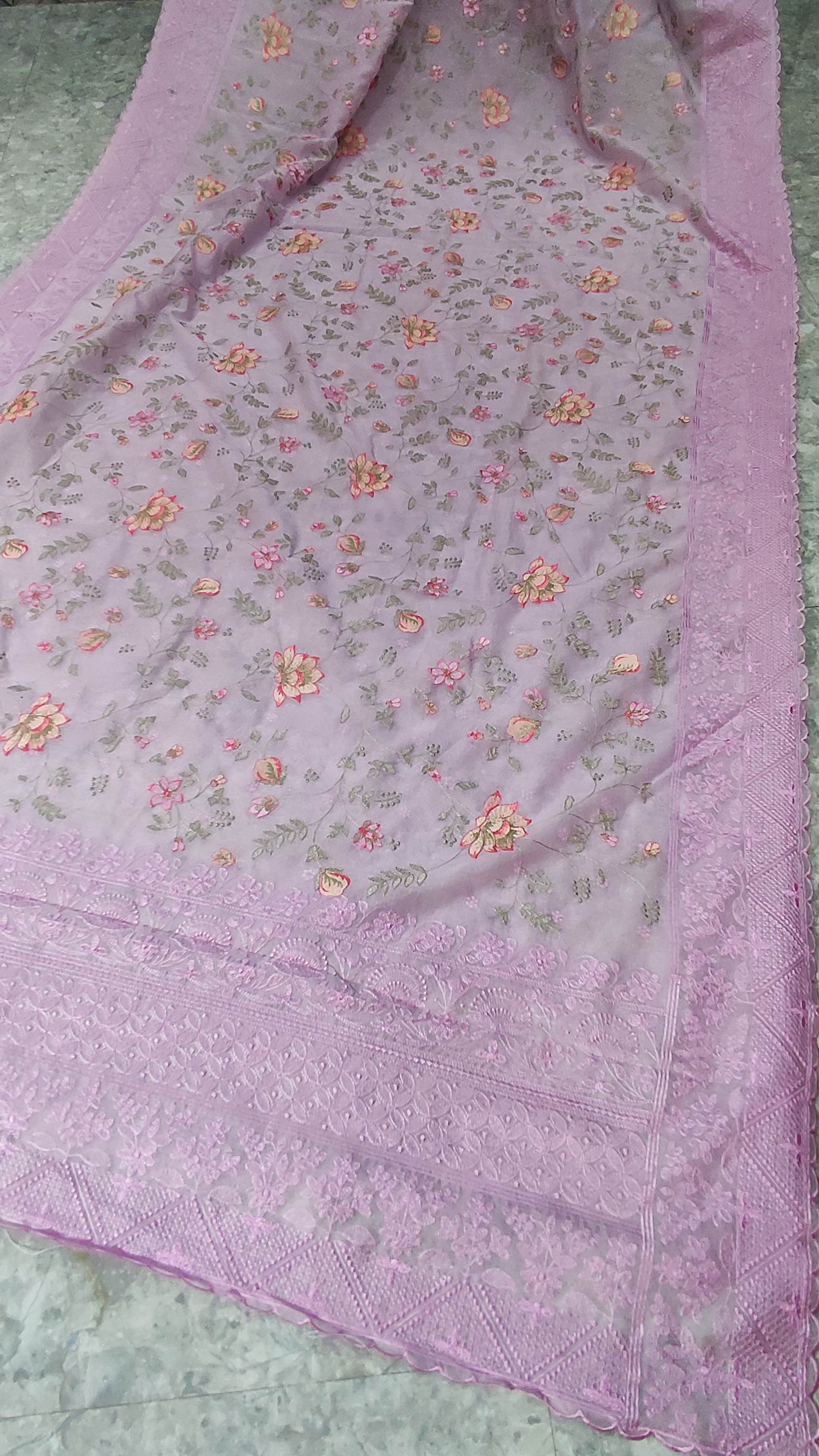 The Weaver's Organza Chikankari Saree - pastel lavender - THE WEAVER