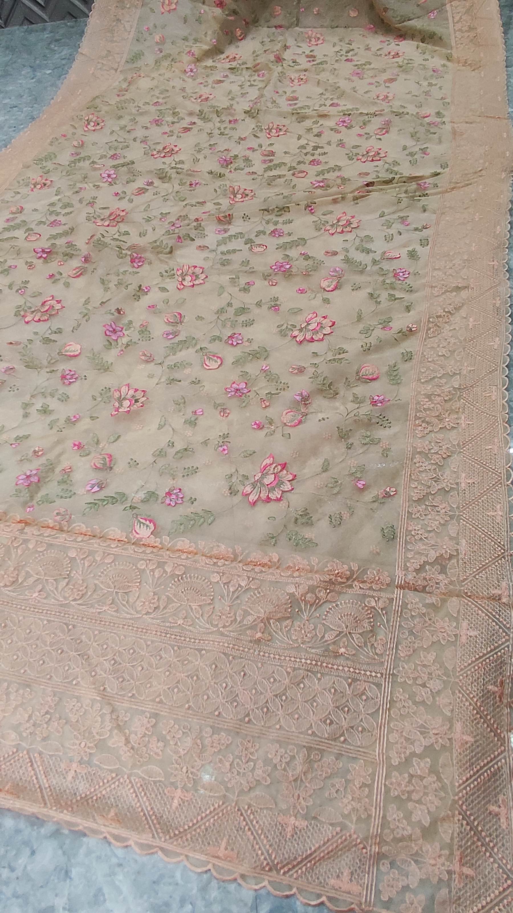 The Weaver's Organza Chikankari Saree - Pastel Peach - THE WEAVER