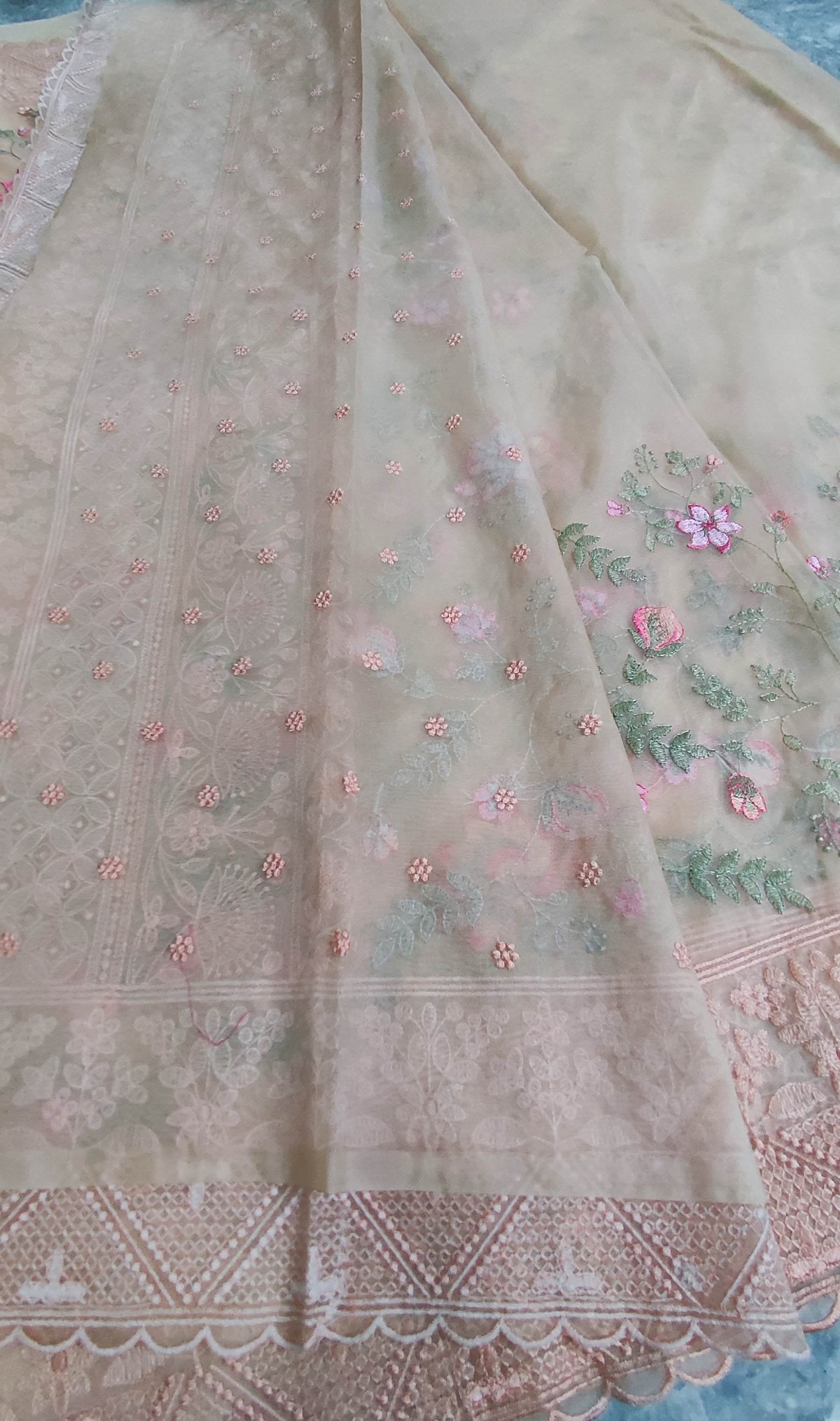 The Weaver's Organza Chikankari Saree - Pastel Peach - THE WEAVER