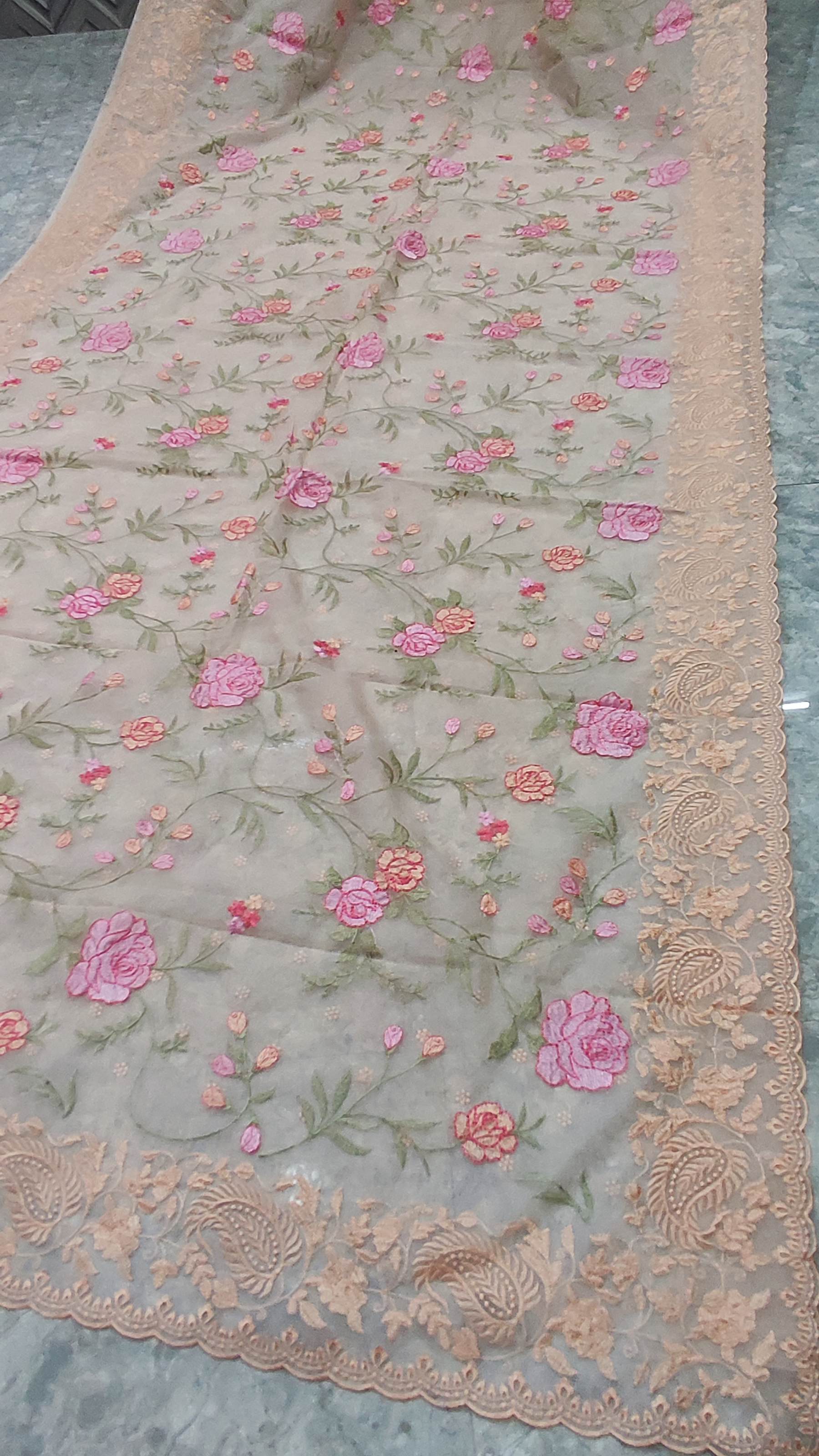 The Weaver's Organza Chikankari Saree - Pastel Peach - THE WEAVER