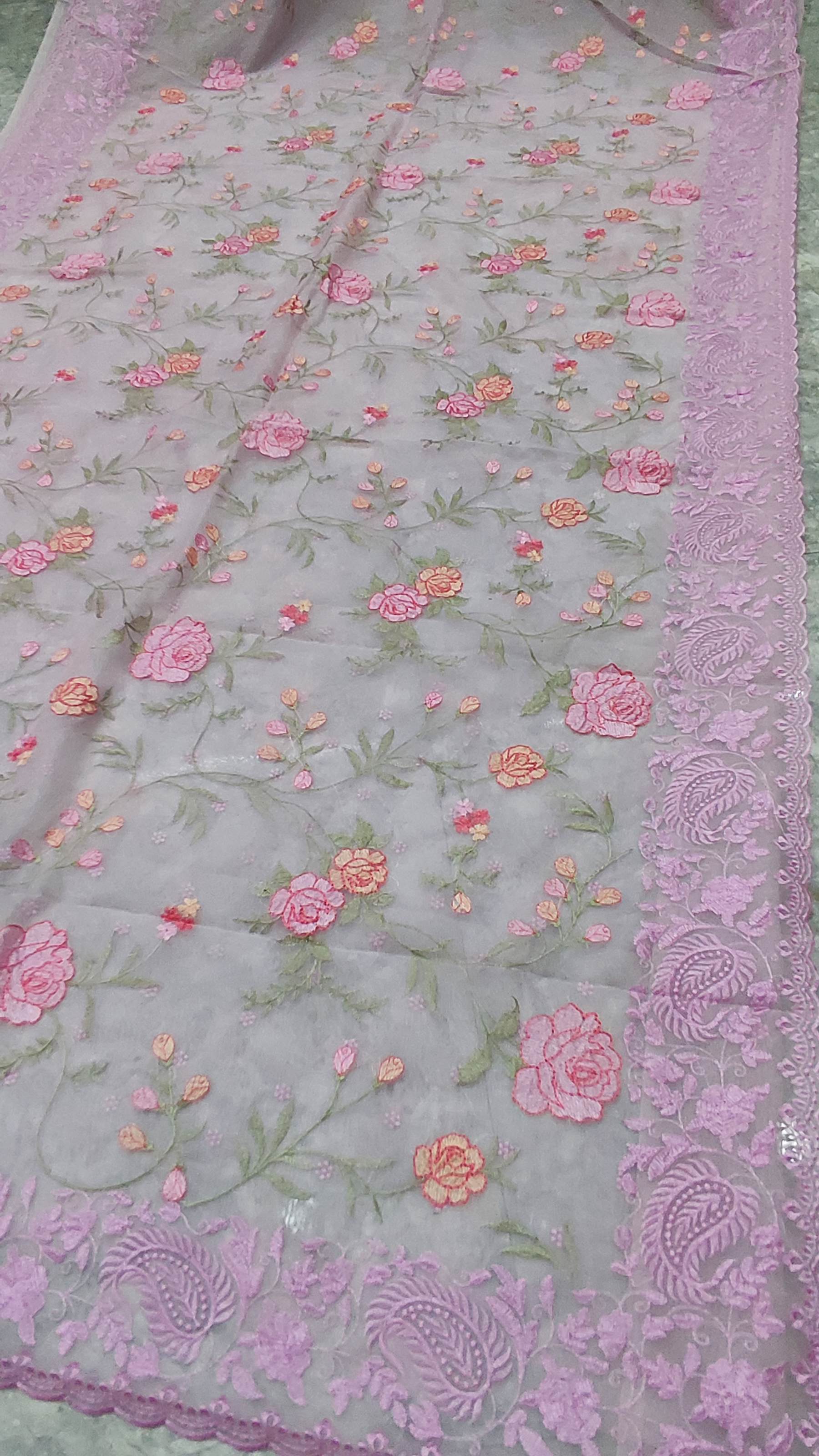 The Weaver's Organza Chikankari Saree - Pastel Lavender - THE WEAVER