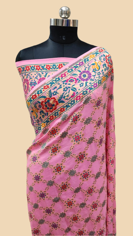 Pure Tilfi Georgette Banarasi Handloom Saree-Bhandhani Style - The Weaver Banaras