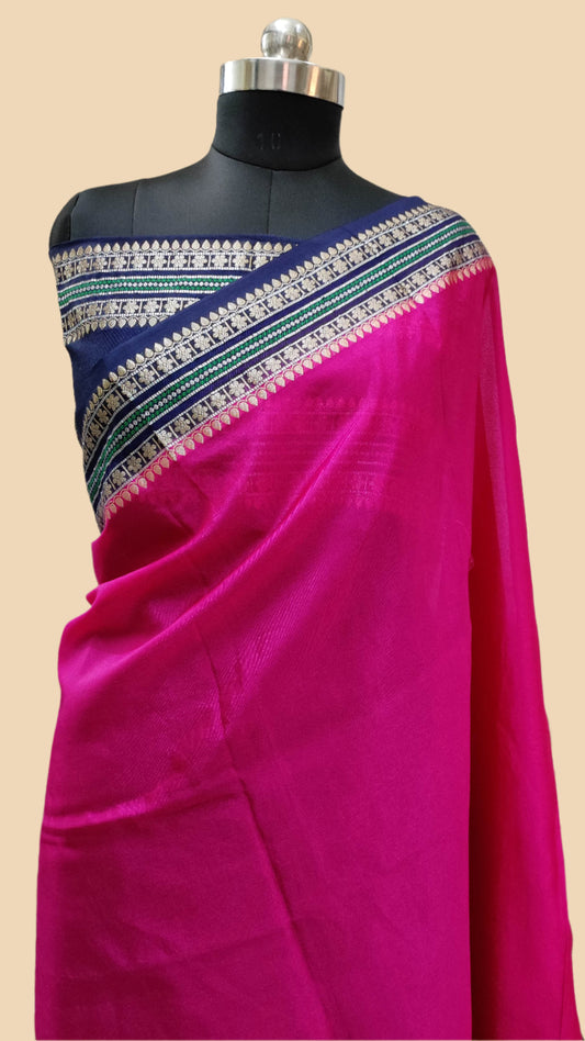 Banarasi Handwoven Warm Silk Saree With Meena Border Design-Rani & Nevy Blue