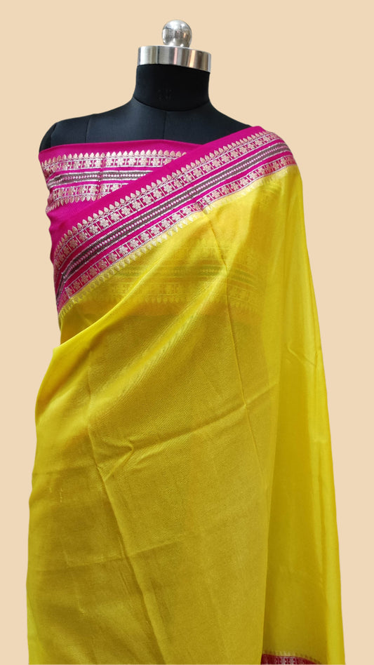 Banarasi Handwoven Warm Silk Saree With Meena Border Design-Yellow & Rani
