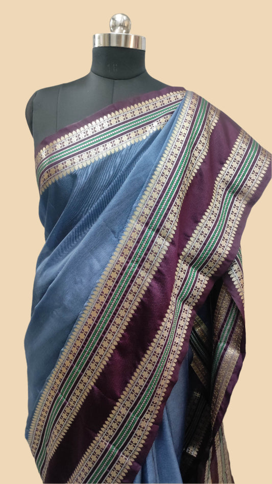 Banarasi Handwoven Warm Silk Saree With Meena Border Design-Grey & Wine