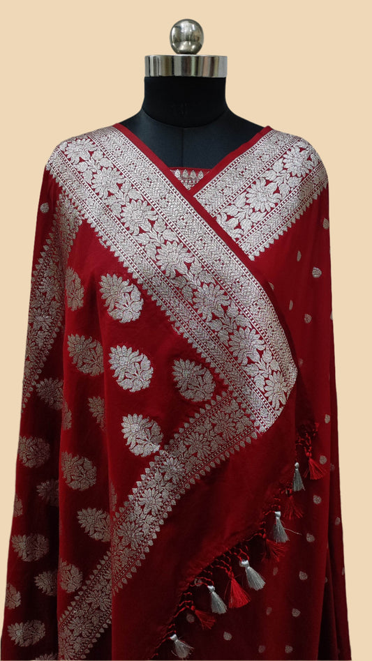 Banarasee Handwoven Faux Georgette Saree With Silver Zari Buti Design-Maroon - The Weaver Banaras
