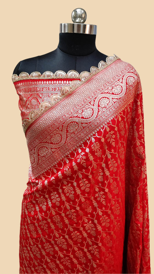 Banarasee Handloom Mashru Silk Saree Zari Border With Lace-Red - The Weaver Banaras