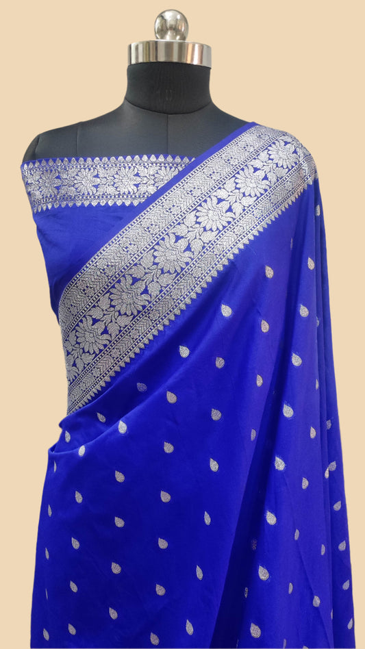 Banarasee Handwoven Faux Georgette Saree With Silver Zari Buti Design-Royal Blue - The Weaver Banaras