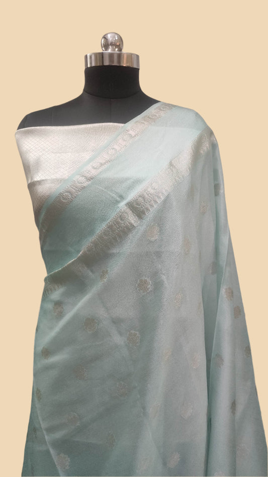 Banarasi Handwoven Warm Soft Silk Saree With Floral Buti Design & Solid Border Water Blue - The Weaver Banaras