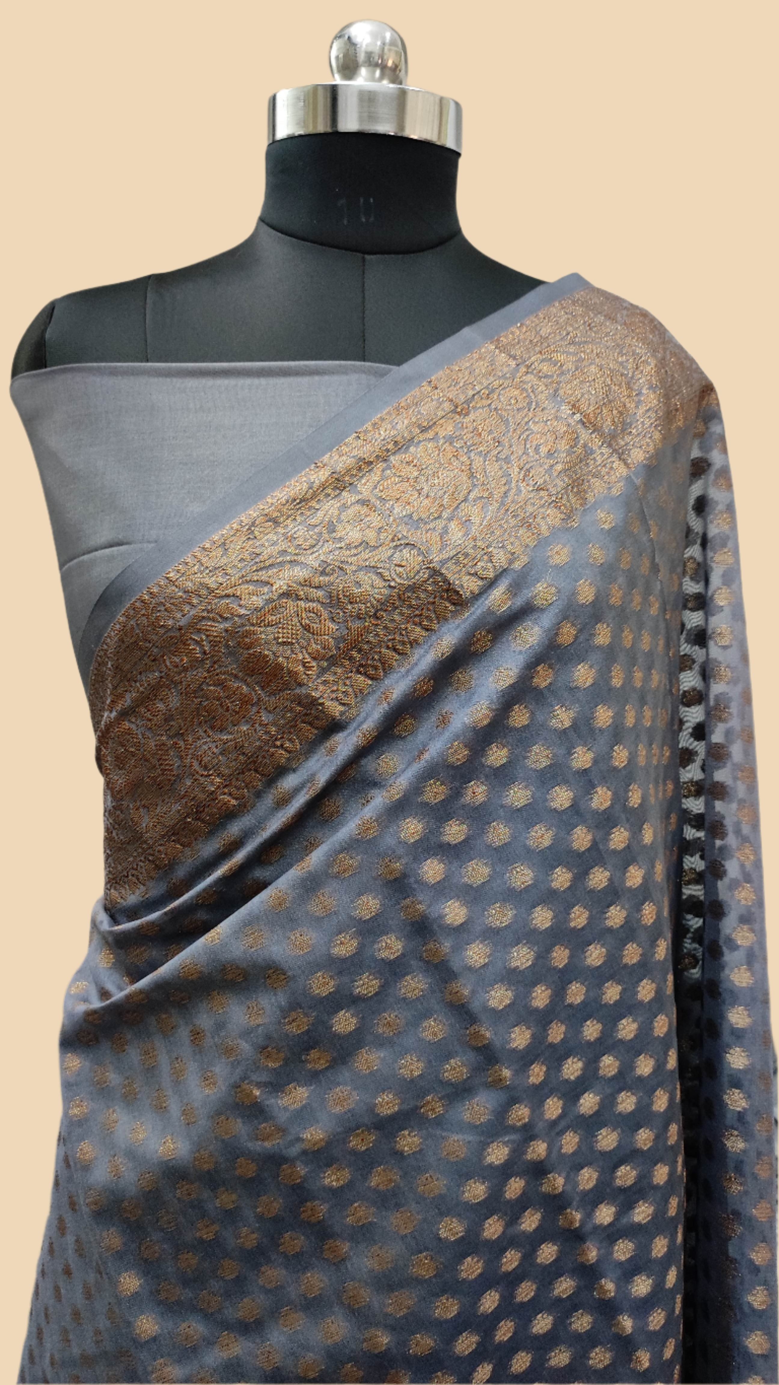Antique Zari Polka Buti  Georgette Banarasi Silk Saree-Charcoal Grey