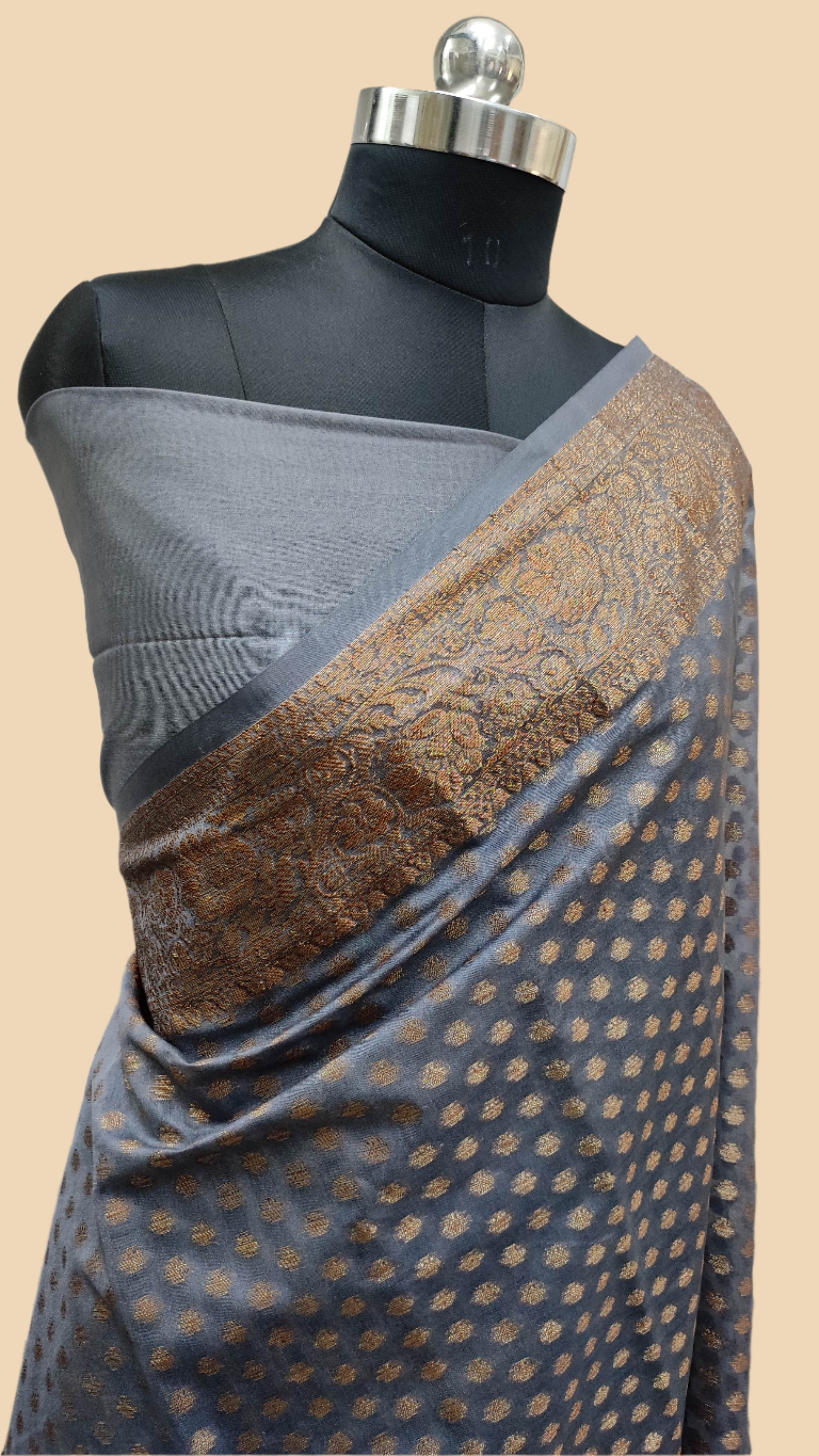 Antique Zari Polka Buti  Georgette Banarasi Silk Saree-Charcoal Grey