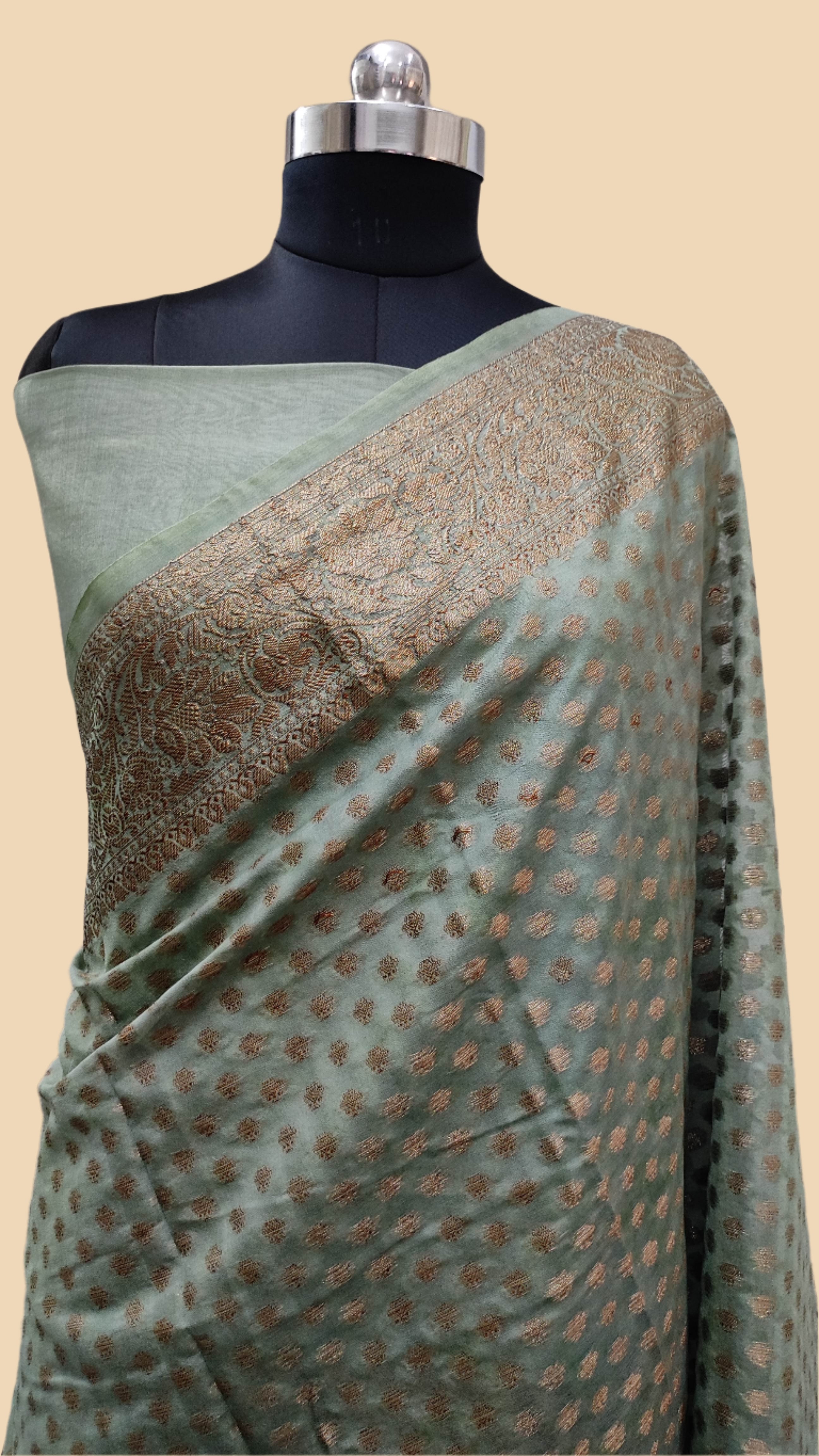Antique Zari Polka Buti  Georgette Banarasi Silk Saree-Olive Green