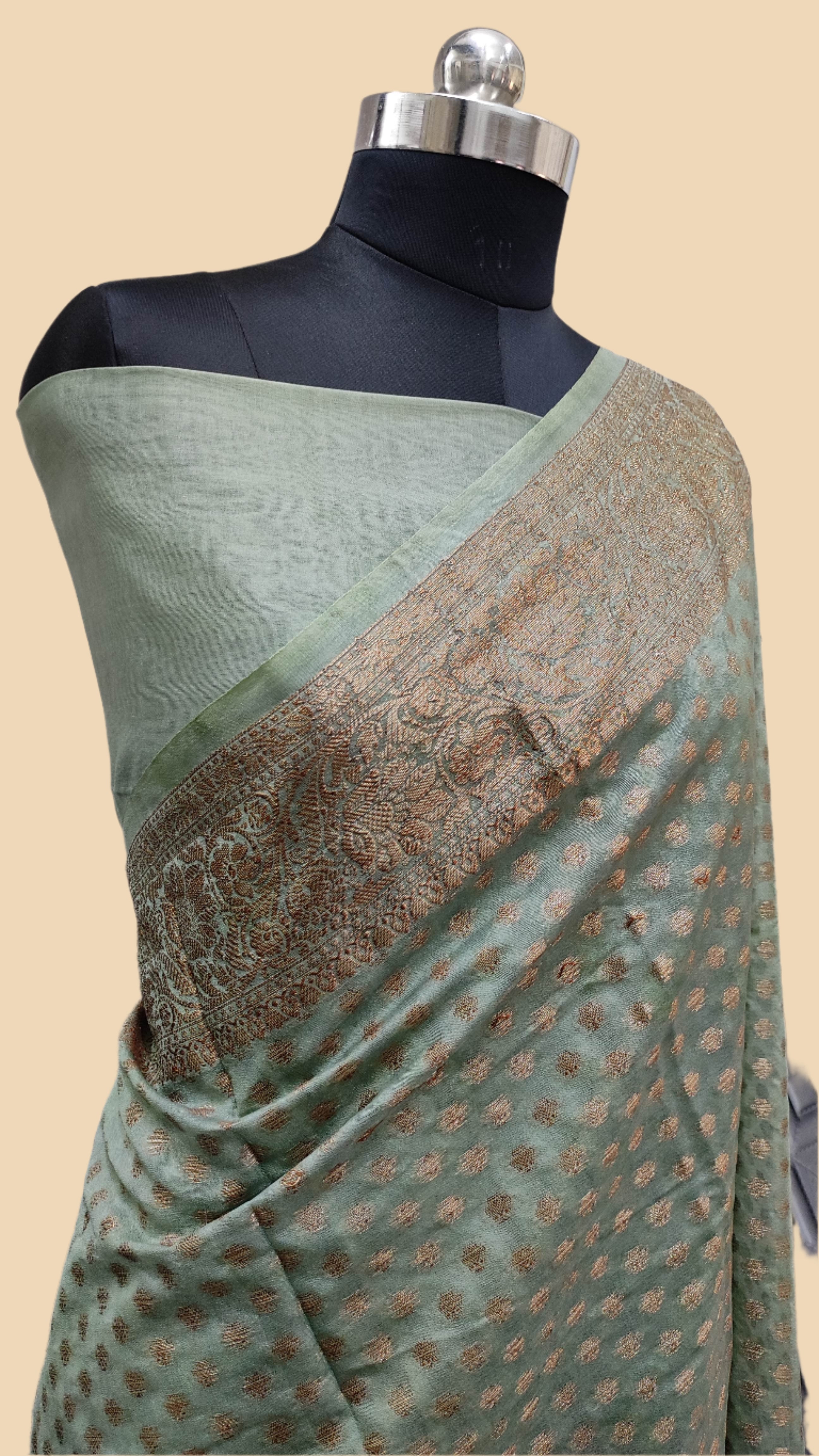 Antique Zari Polka Buti  Georgette Banarasi Silk Saree-Olive Green