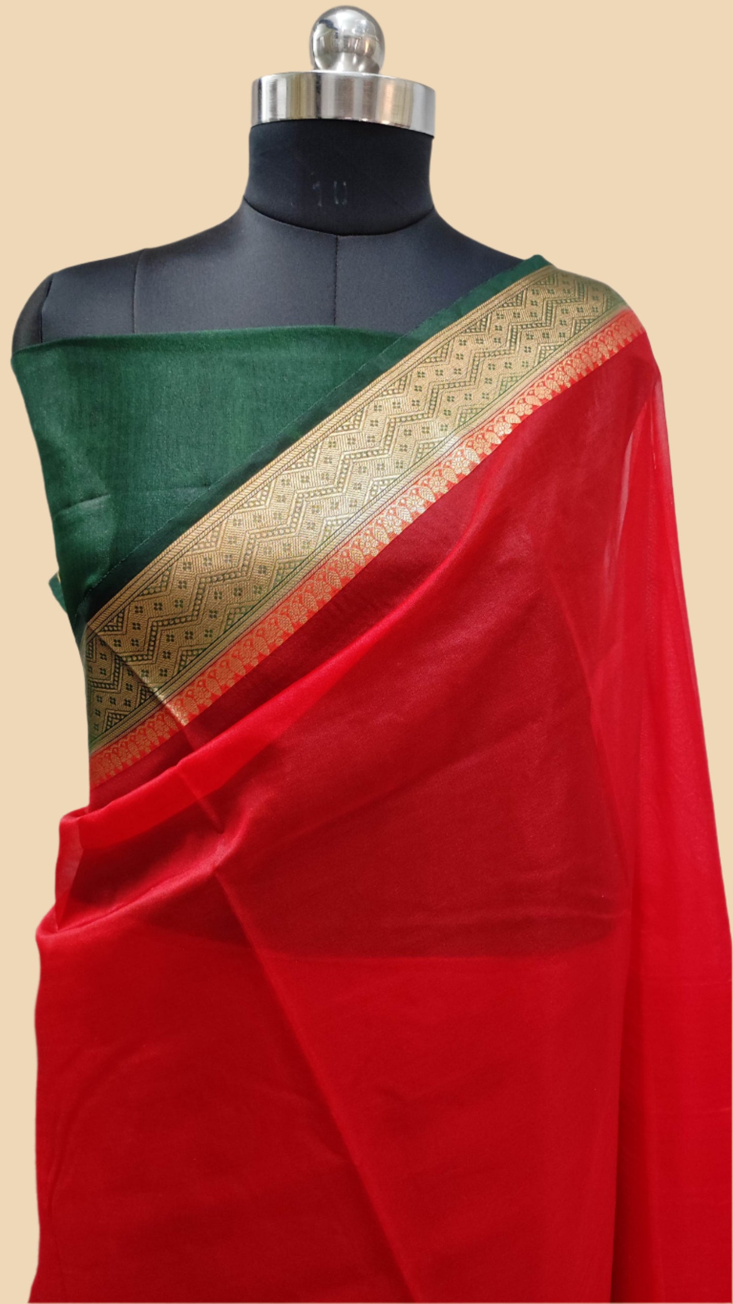 The Weaver's organza banarasi saree-red & bottle green - The Weaver Banaras
