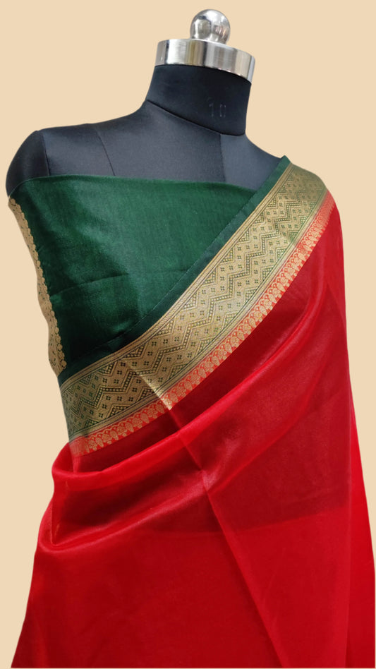 The Weaver's organza banarasi saree-red & bottle green - The Weaver Banaras