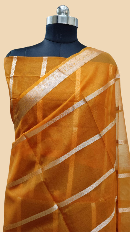 Organza Stripe Banarasi soft silk Saree Mustard Yellow