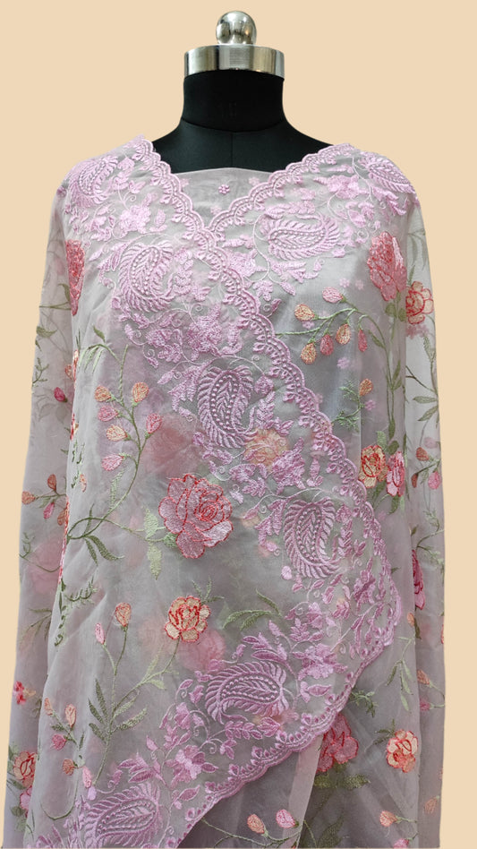 The Weaver's Organza Chikankari Saree - Pastel Lavender - The Weaver Banaras