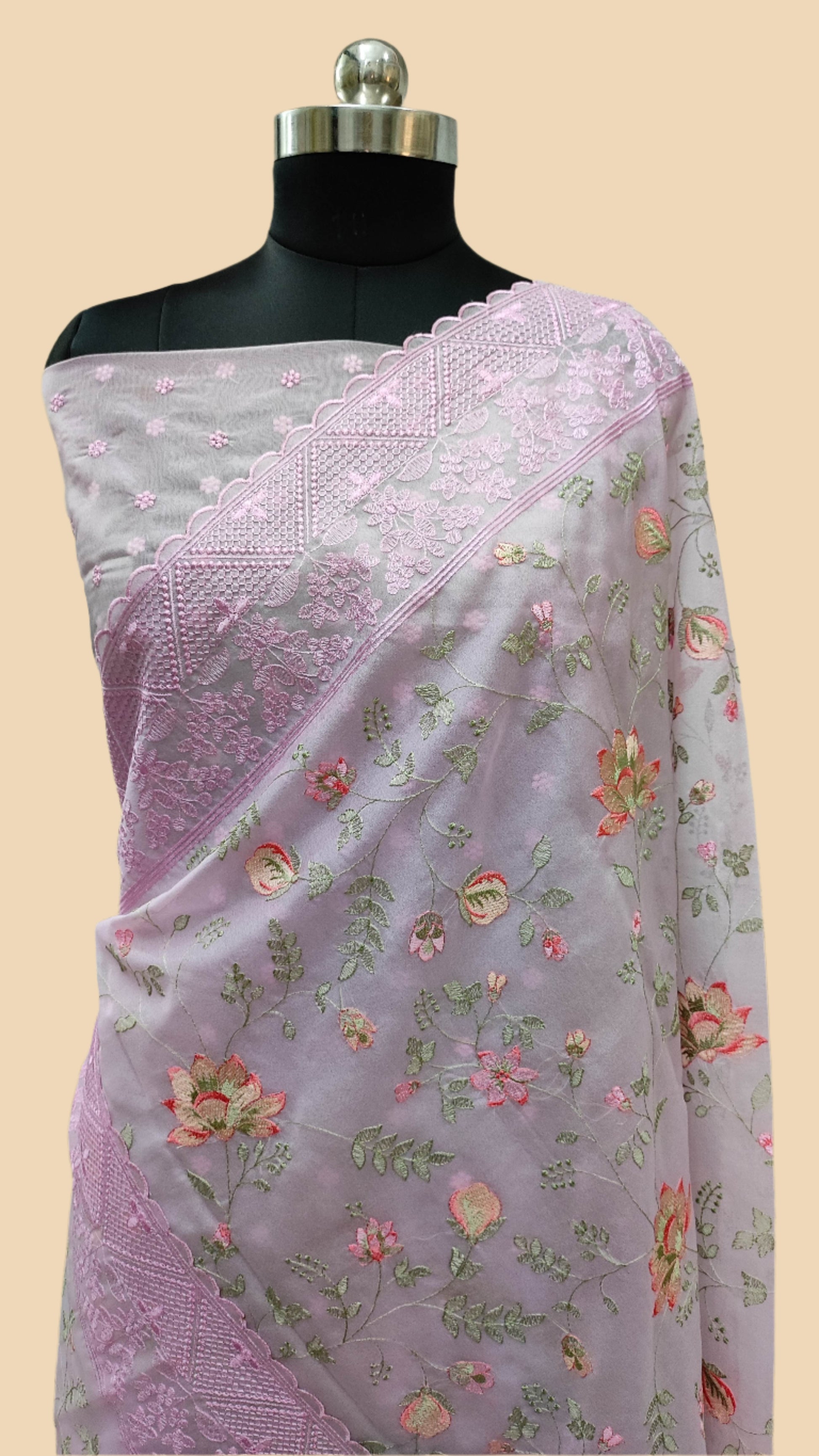 The Weaver's Organza Chikankari Saree - pastel lavender - The Weaver Banaras