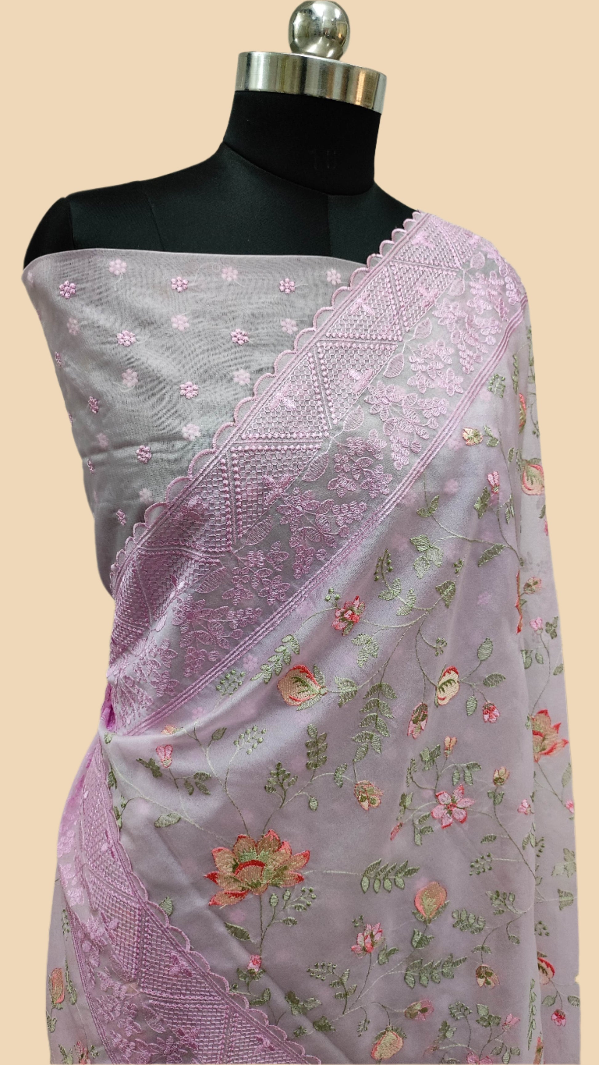 The Weaver's Organza Chikankari Saree - pastel lavender - The Weaver Banaras