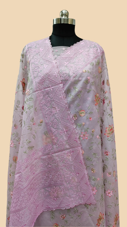 The Weaver's Organza Chikankari Saree - pastel lavender - The Weaver Banaras