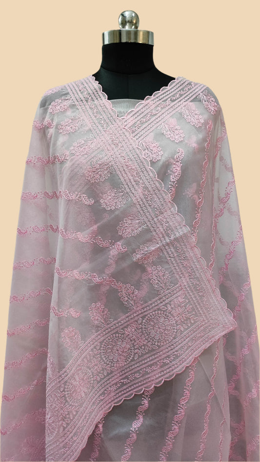 The Weaver's Organza Chikankari Saree - Pastel Pink - The Weaver Banaras