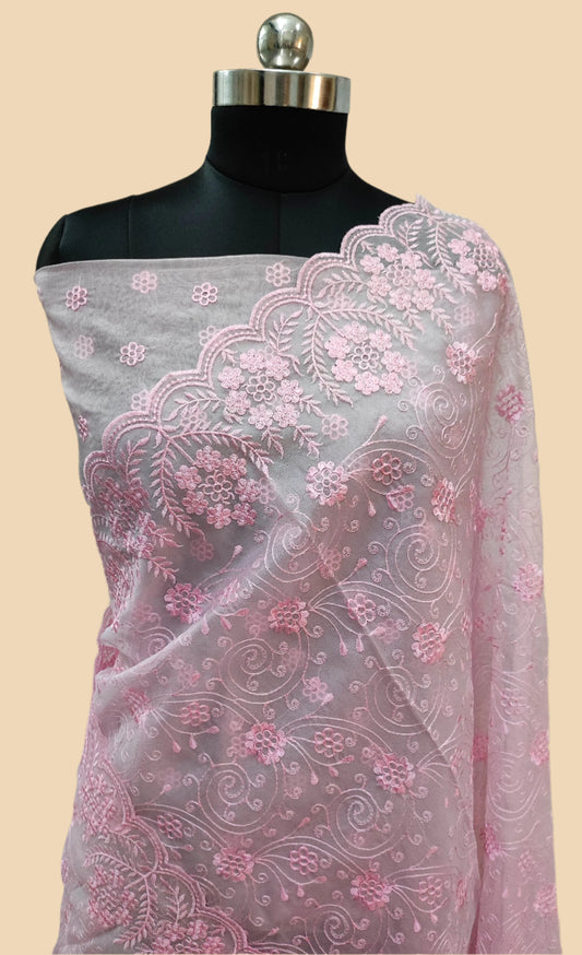 The Weaver's Organza Chikankari Saree - Pastel Pink - The Weaver Banaras