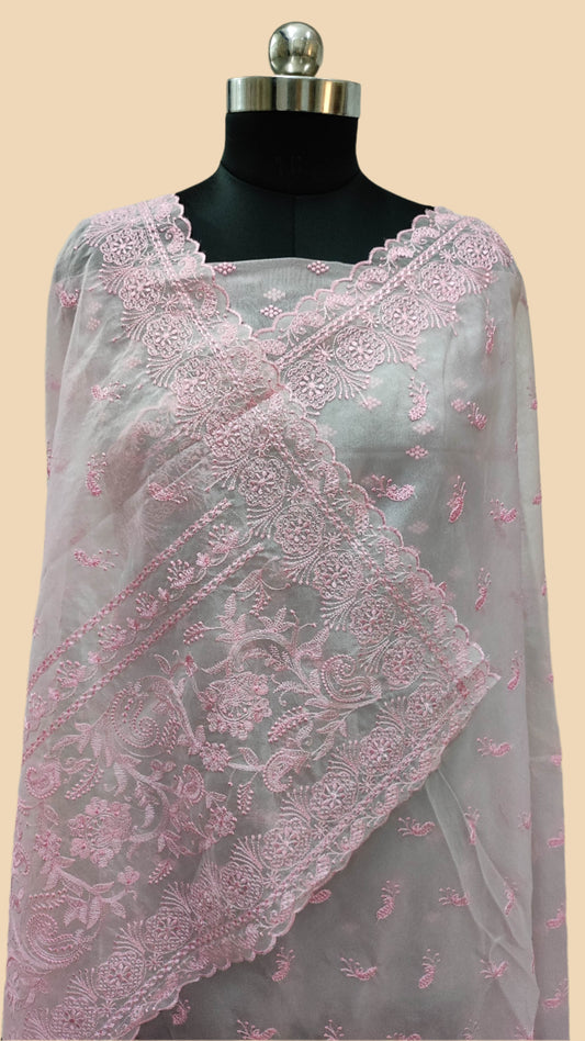 The Weaver's Organza Chikankari Saree - Pastel Pink - The Weaver Banaras