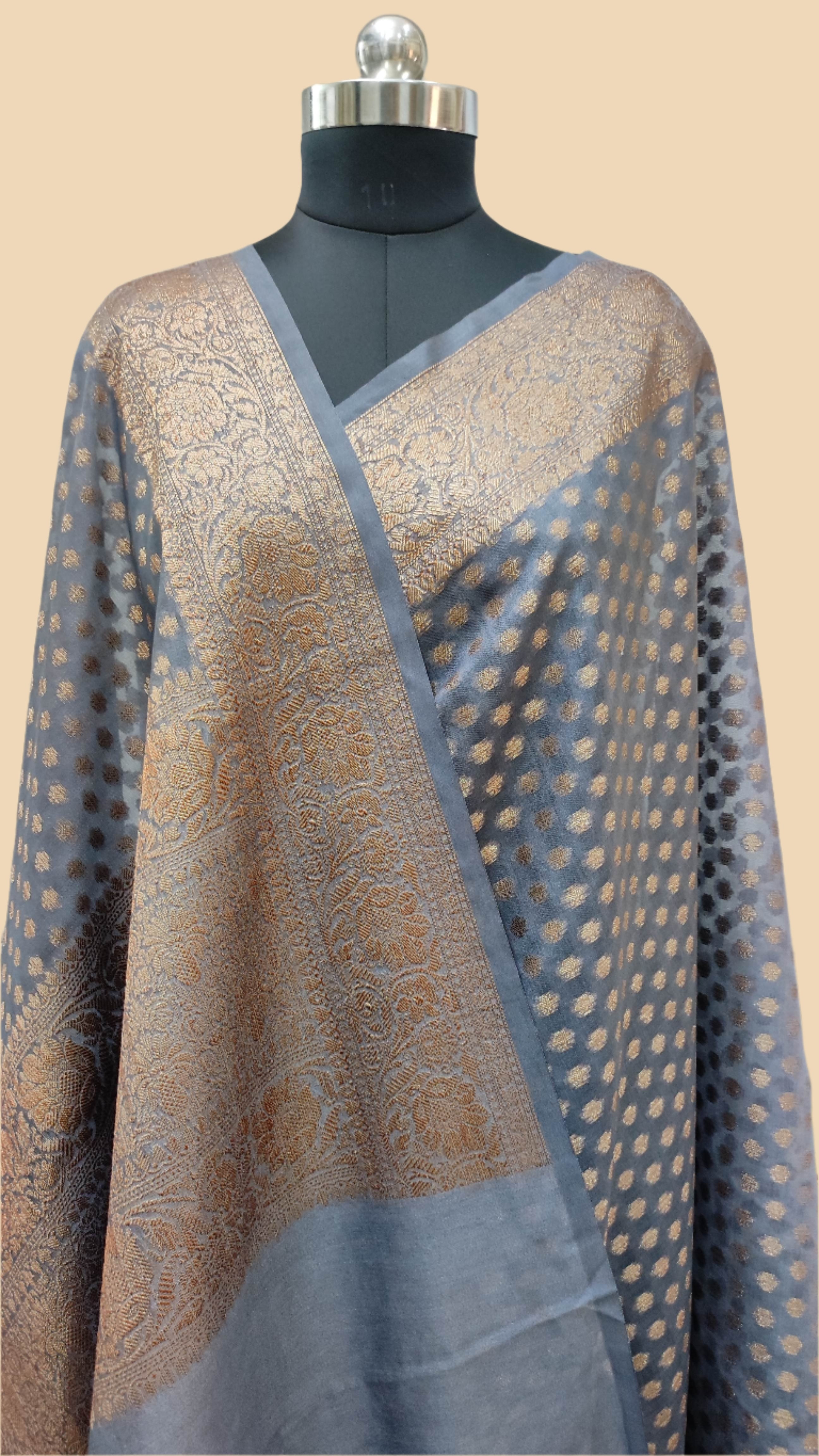 Antique Zari Polka Buti  Georgette Banarasi Silk Saree-Charcoal Grey