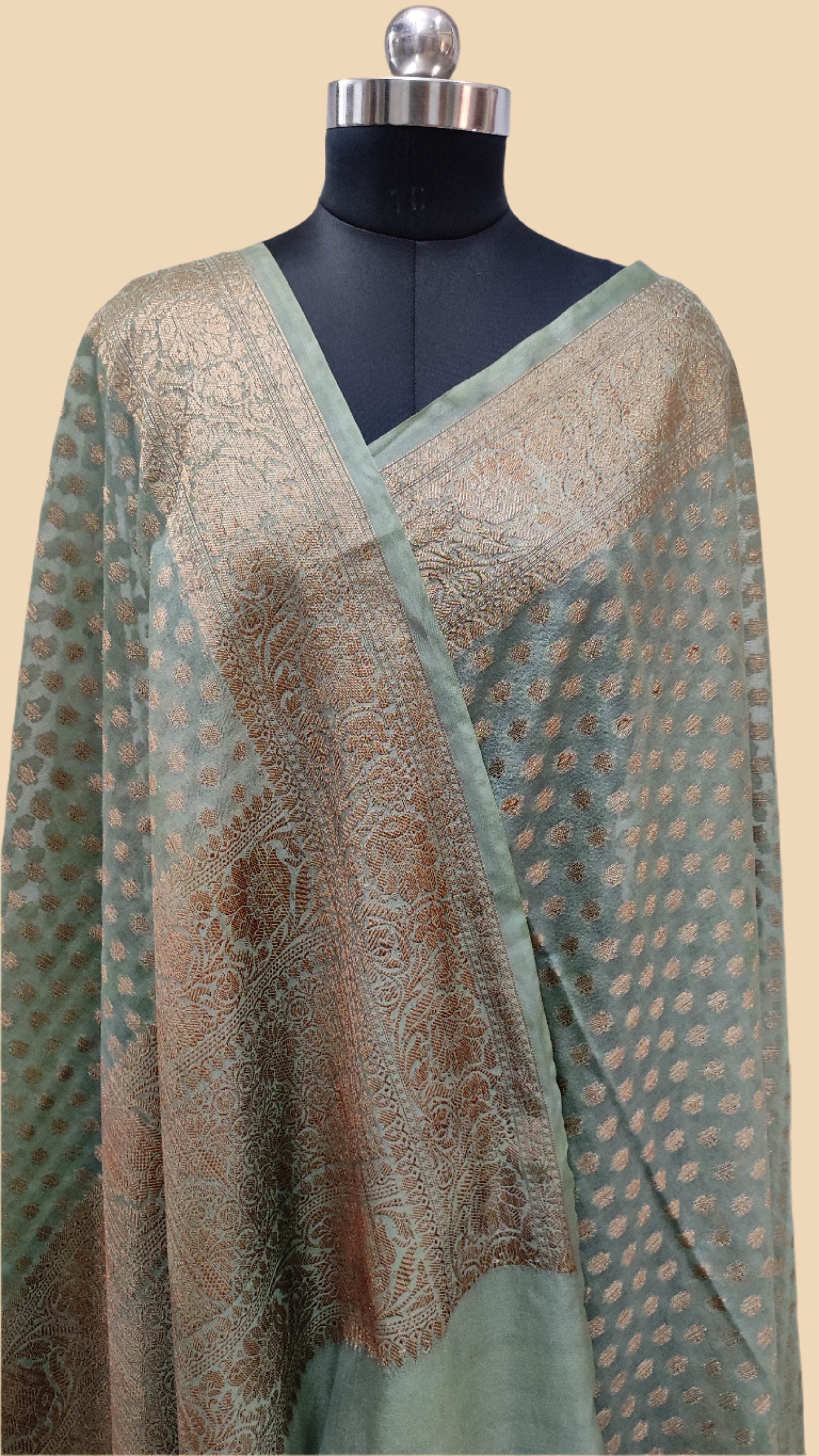 Antique Zari Polka Buti  Georgette Banarasi Silk Saree-Olive Green